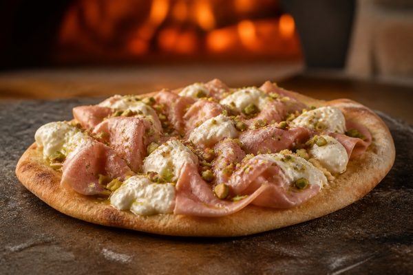 Focaccia romana con mortadella burrata e granella di pistacchio