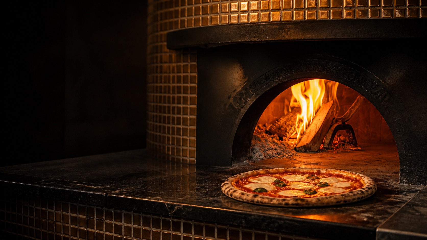 Forno a legna acceso con pizza romana