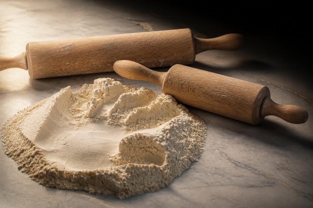Farina e mattarelli per l'impasto della pizza romana