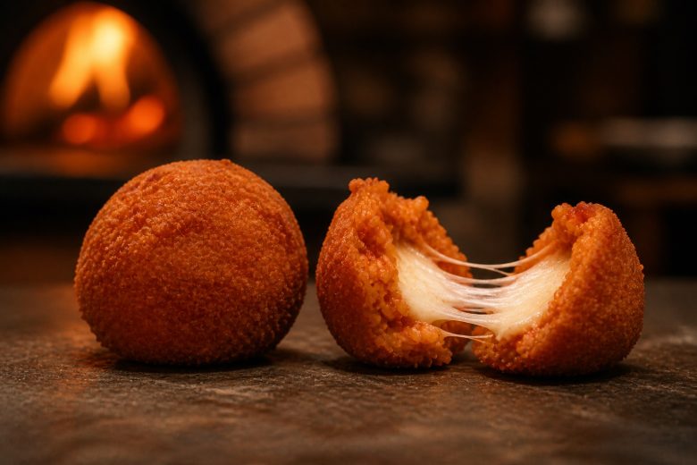 Supplì romano aperto con cuore caldo e mozzarella filante