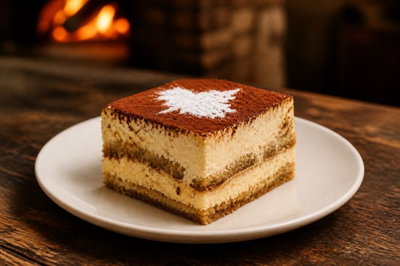 Porzione di tiramisù con crema e cacao